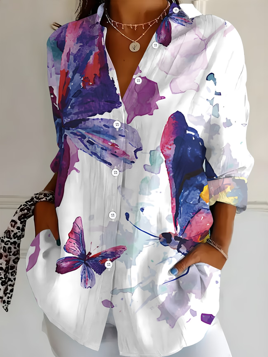 Shirt Collar Regular Sleeve Long Sleeve Butterfly Buckle Regular Loose Button Up Shirt Shirt For Women