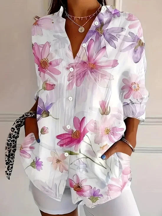 Shirt Collar Regular Sleeve Long Sleeve Floral Buckle Regular Loose Button Up Shirt Shirt For Women