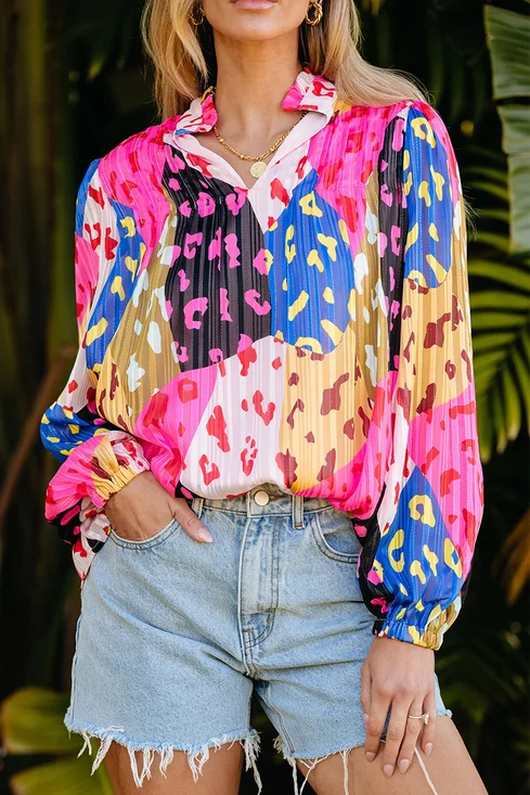 V Neck Long Sleeve Color Block Regular Loose Blouse For Women