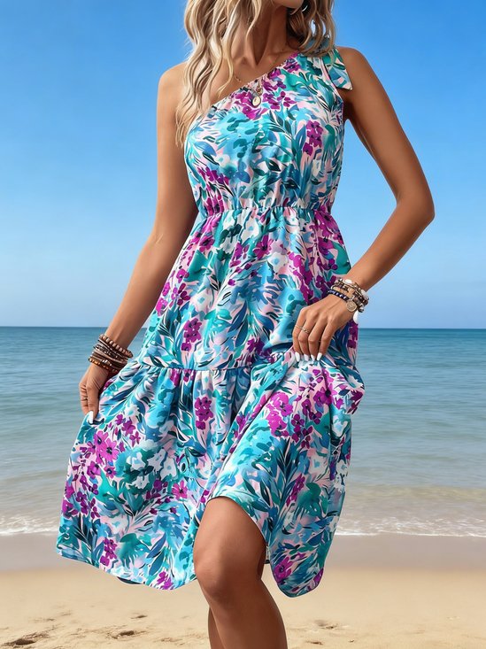 Women Floral Summer Dress One Shoulder Sleeveless Fit & Flare Dress A-Line Dress