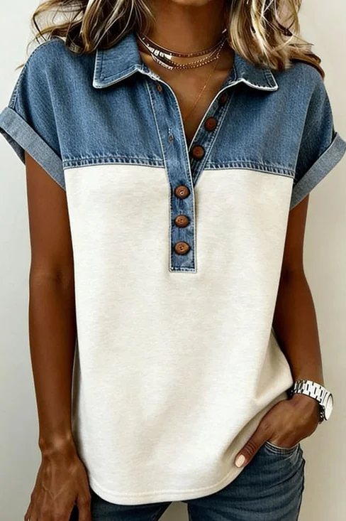 Shawl Collar Short Sleeve Color Block Regular Loose Shirt For Women