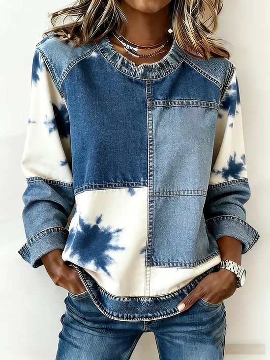 Vintage Crew Neck Faux Denim Print Graphic Sweatshirt Printing