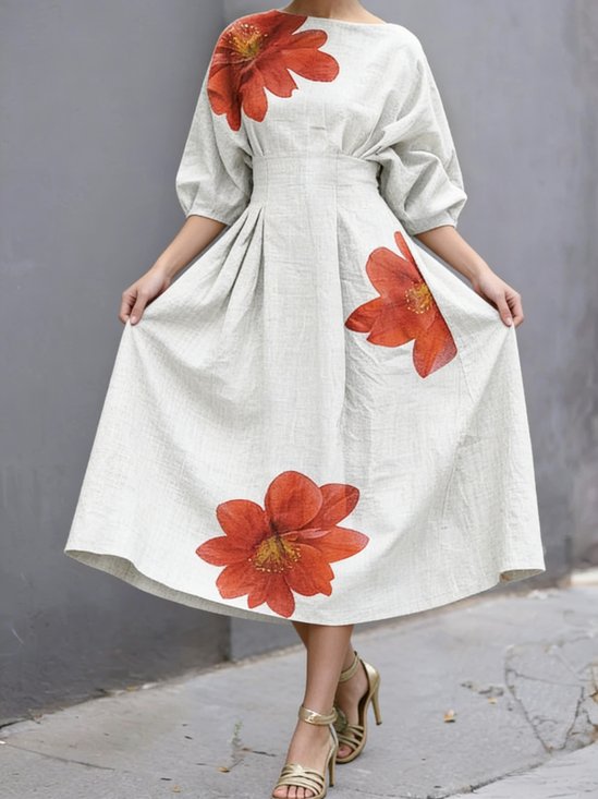 Women Floral Summer Dress Crew Neck Short Sleeve Fit & Flare Dress A-Line Dress
