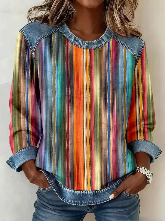 Vintage Crew Neck Abstract Stripes Sweatshirt Printing