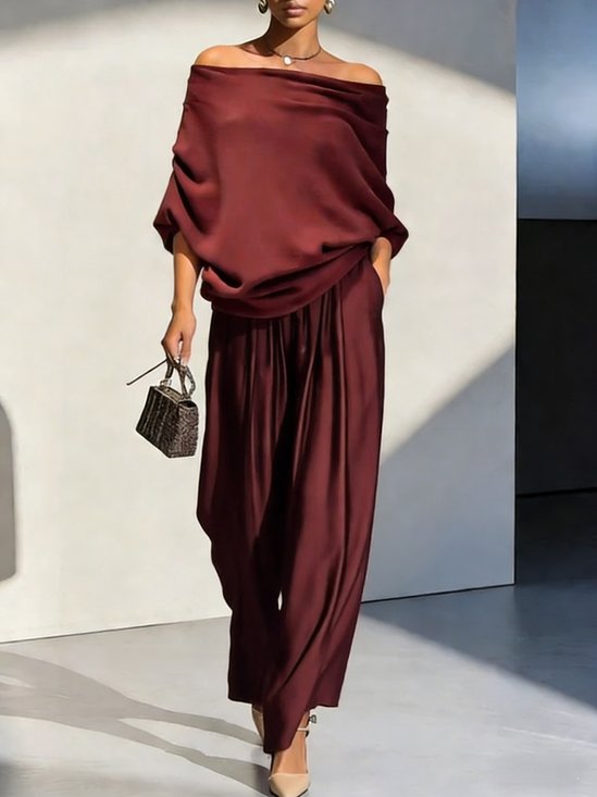 Women Plain Two-Piece Set Daily Long Sleeve Elegant Spring/Fall Top With Pants Matching Set