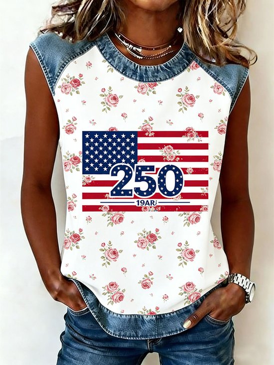 Vintage Floral Crew Neck Sleeveless T-shirt