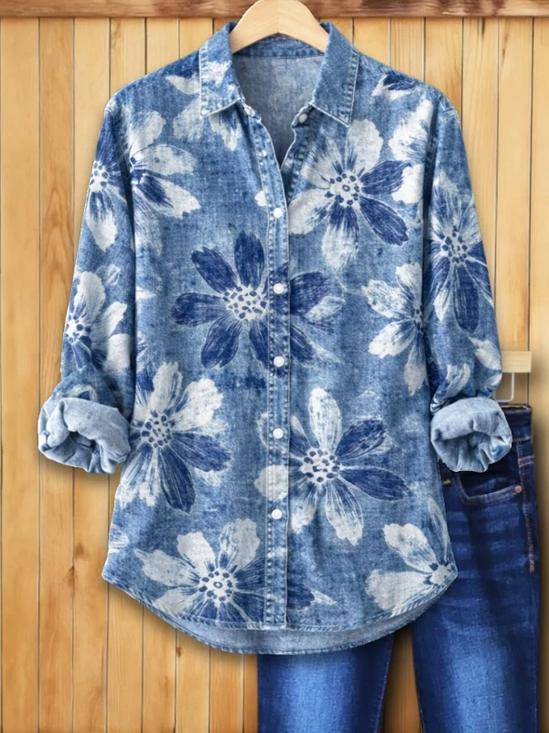 Shirt Collar Regular Sleeve Long Sleeve Floral Buckle Regular Loose Button Up Shirt Shirt For Women