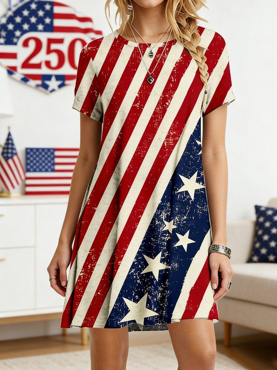 Women 3D Printing Summer Dress Crew Neck Short Sleeve Fit & Flare Dress A-Line Dress