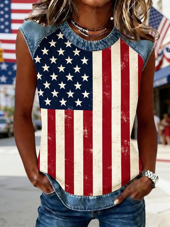 Vintage Color Block Crew Neck Sleeveless T-shirt