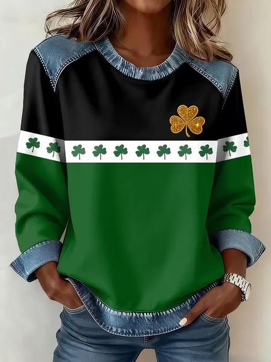 Vintage Crew Neck Shamrock Sweatshirt Printing