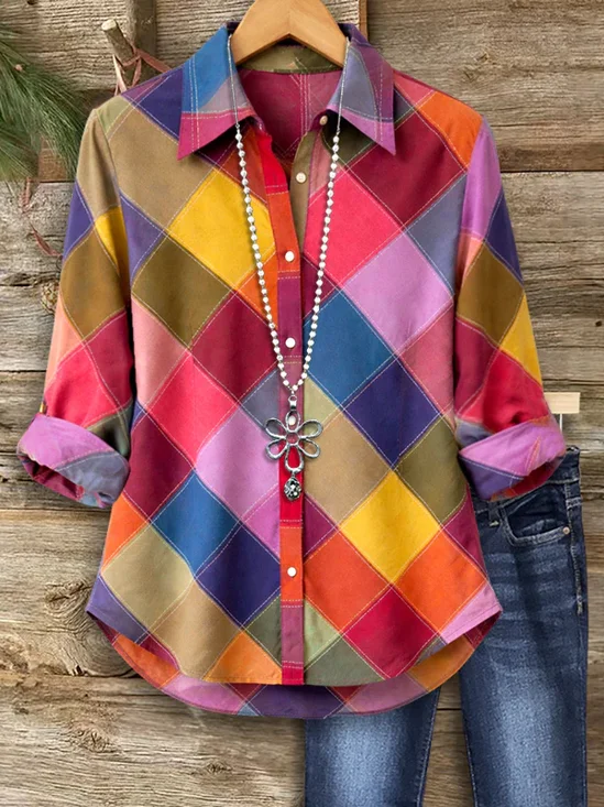 Shirt Collar Regular Sleeve Long Sleeve Multicolor Block Buckle Regular Loose Button Up Shirt Shirt For Women
