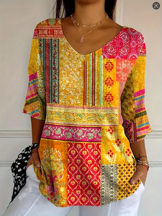 Casual Floral V Neck Three Quarter Sleeve T-shirt