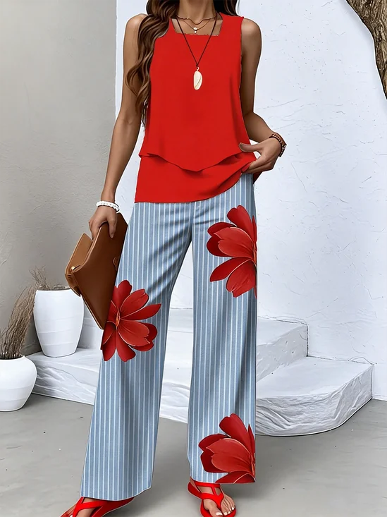 Women Floral Two-Piece Set Daily Sleeveless Casual Summer Top With Pants Matching Set