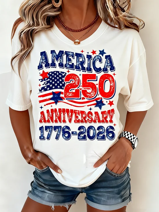 America 250 Years Anniversary Print Crew Neck Short Sleeve T-shirt