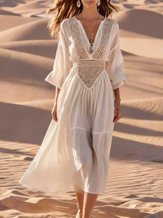 Women Plain Summer Dress V Neck Half Sleeve Fit & Flare Dress A-Line Dress