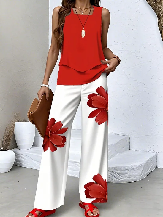 Women Floral Two-Piece Set Daily Sleeveless Casual Summer Top With Pants Matching Set