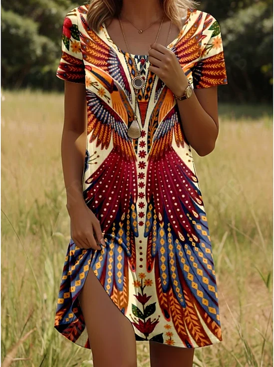 Women Ethnic Summer Dress Crew
                                    Neck Short Sleeve A-Line Dress