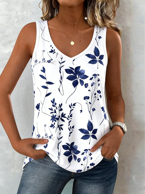 Casual V Neck Floral Tank Top