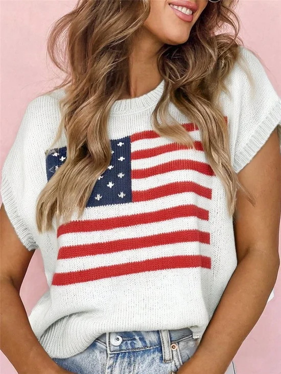 Women's 250th Anniversary Of The Founding Of the United States Vintage Short Sleeve Crew Neck 3D Printing America Flag Crew Neck Vintage Acrylic  Daily Going Out Casual Knit Top