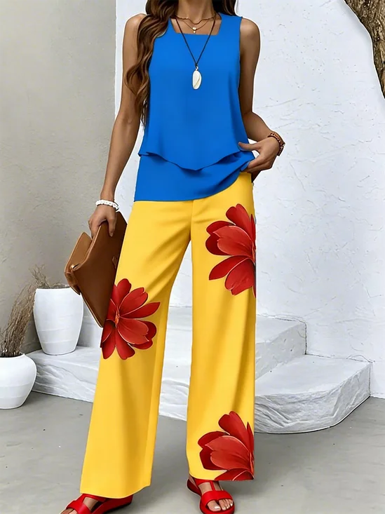 Women Floral Two-Piece Set Daily Sleeveless Casual Summer Top With Pants Matching Set