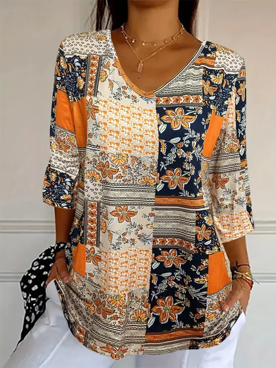 Casual Floral V Neck Three Quarter Sleeve T-shirt