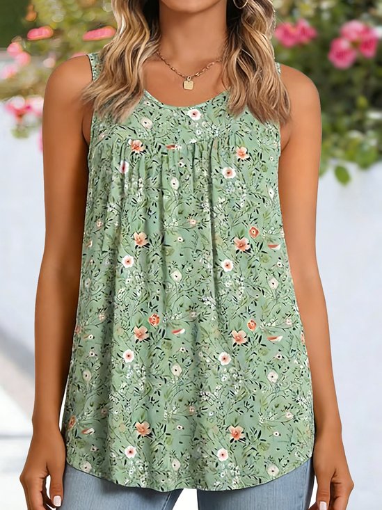 Casual Crew Neck Floral Pattern Tank Top
