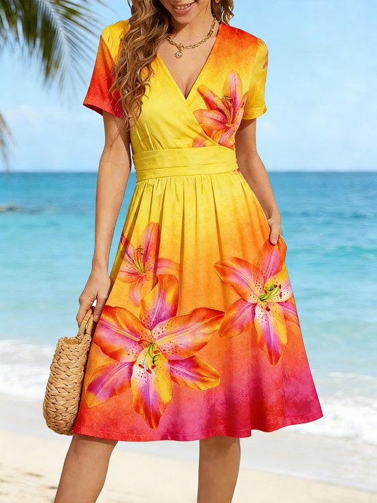 Women Ombre Summer Dress V Neck Short Sleeve Fit & Flare Dress A-Line Dress