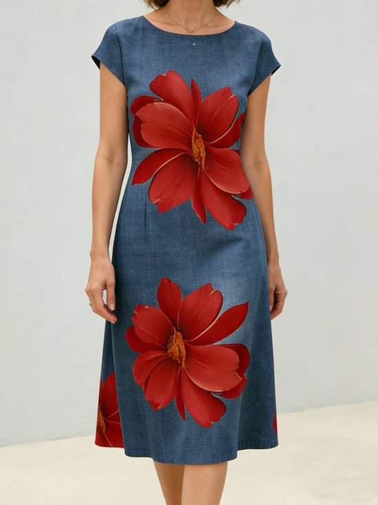 Women 3D Printing Summer Dress Crew Neck Short Sleeve Fit & Flare Dress A-Line Dress