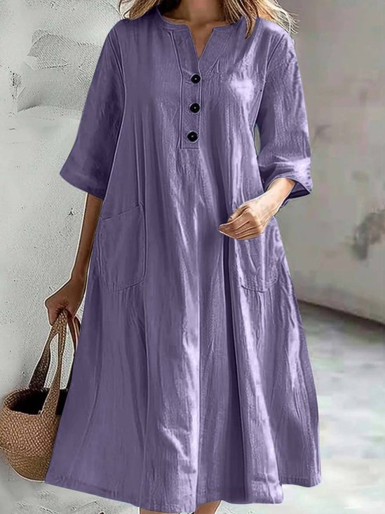 Women Plain Summer Dress Notched Half Sleeve A-Line Dress