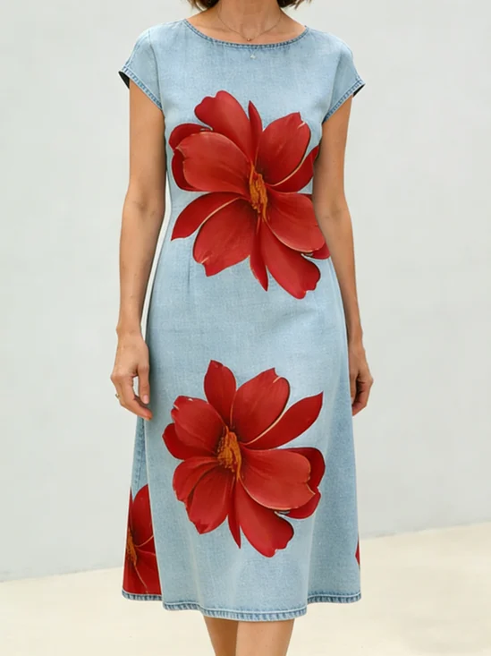 Women 3D Printing Summer Dress Crew Neck Short Sleeve Fit & Flare Dress A-Line Dress