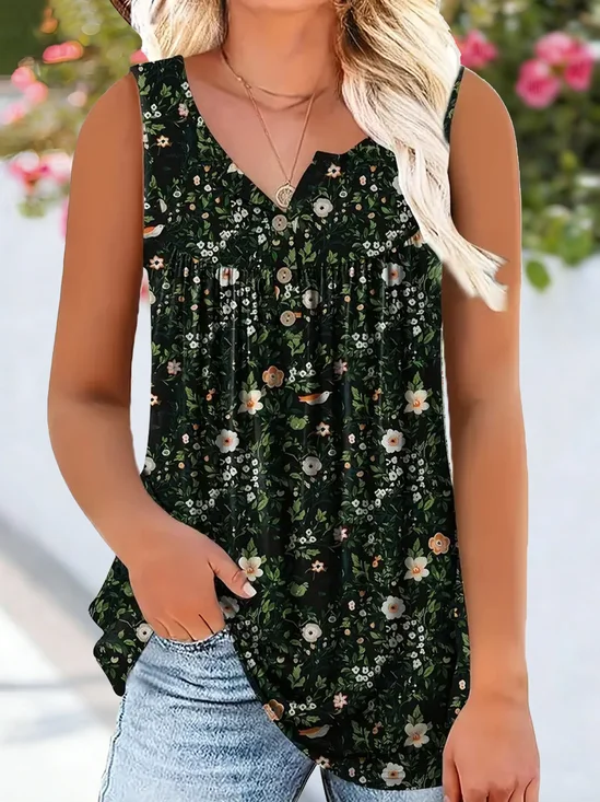 Crew Neck Sleeveless Floral Pattern Regular Micro-Elasticity Regular Fit Blouse For Women