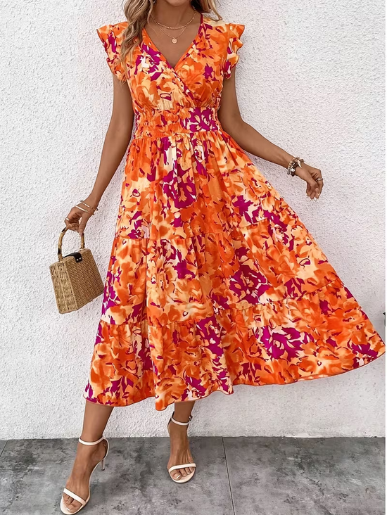 Women Floral Summer Dress V Neck Sleeveless Fit & Flare Dress A-Line Dress