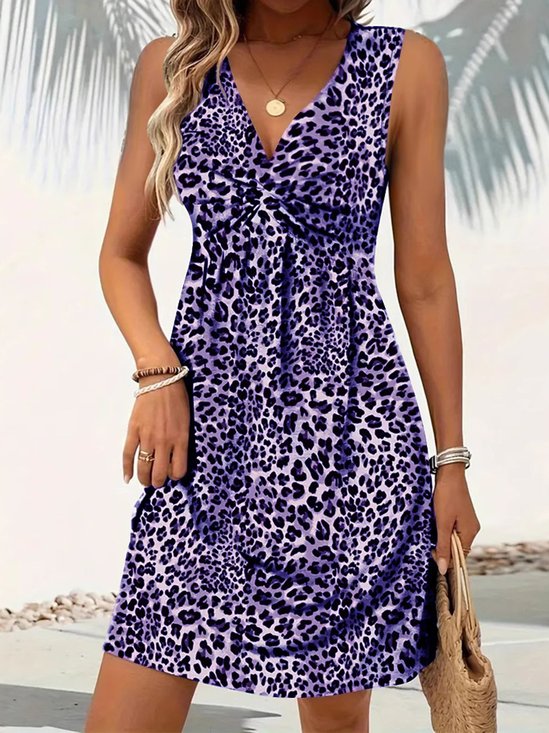 Women Leopard Summer Dress V Neck Sleeveless Fit & Flare Dress A-Line Dress
