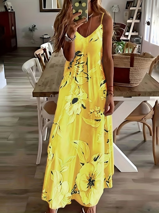 Women Floral Summer Printing Dress V Neck Sleeveless Slip Dress X-Line Dress