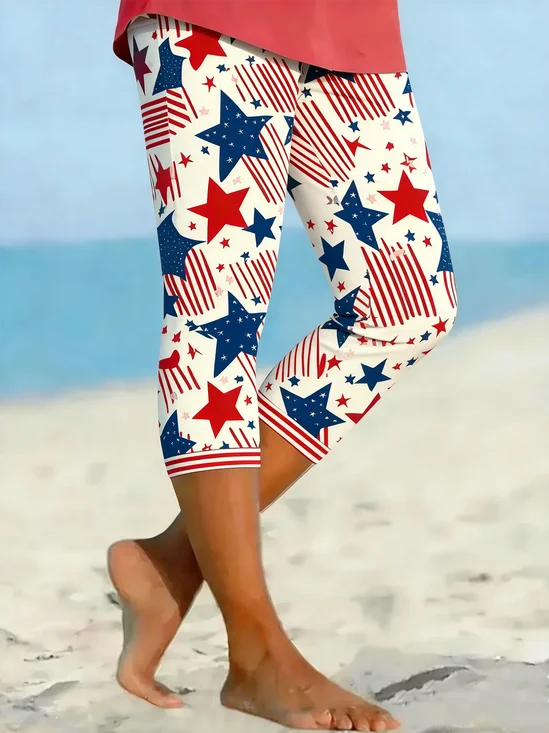 Women Striped Capris Elastic Waist Pants Casual Summer Trousers