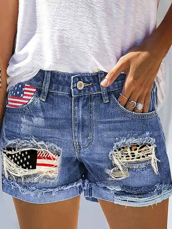 American Flag Denim  Straight Leg Button Fly  Going Out Cauual Shorts