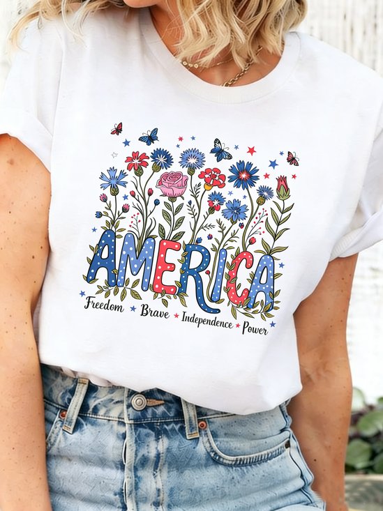 Casual America Floral Printing Crew Neck Short Sleeve T-shirt