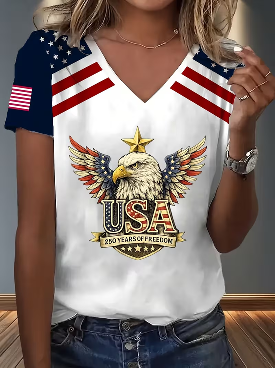 250 Years of Freedom Anniversary Print V Neck Short Sleeve T-shirt