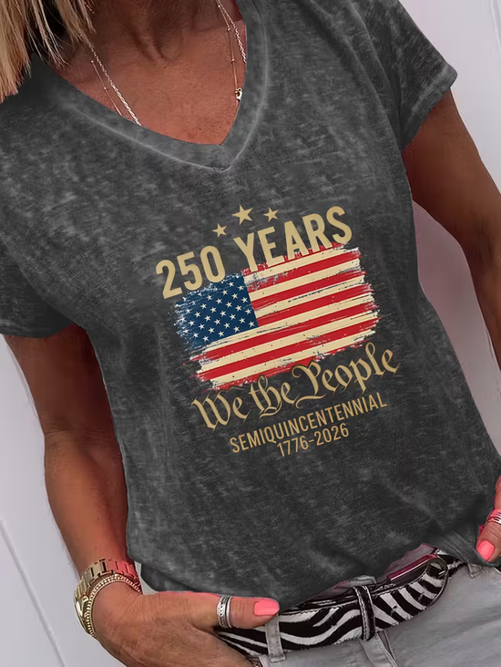 250 Years Anniversary America Flag Print V Neck Short Sleeve T-shirt