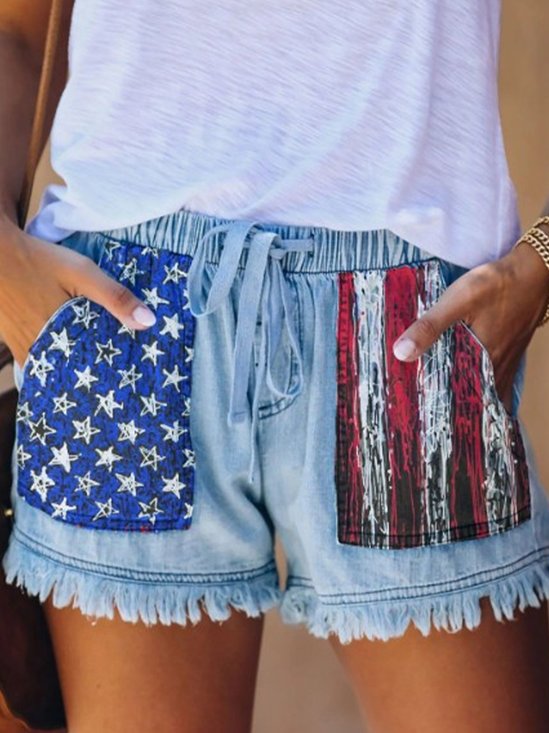 American Flag Denim Blue Straight Leg  Fake Fly  Elastic Waist Shorts