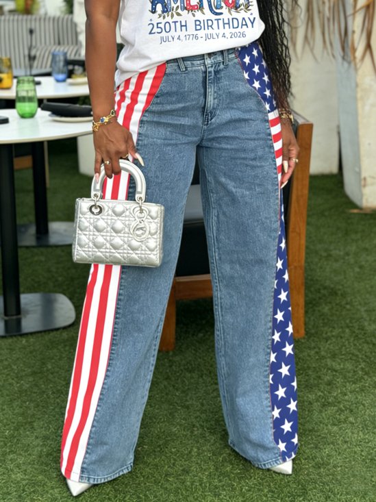 American Flag Denim Blue Straight Leg Button Fly Going Out Casual Jeans