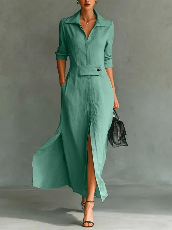 Women Plain Spring/Fall Split Joint Dress V Neck Long Sleeve Tank A-Line Dress