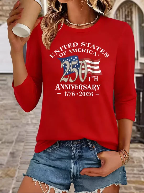 250 Years Anniversary America Flag Print Crew Neck Long Sleeve T-shirt