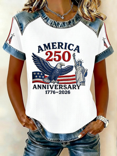 Casual 250 Years Anniversary Print Color Block Crew Neck Short Sleeve T-shirt