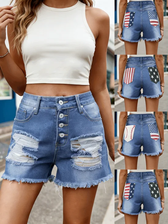 American Flag Denim Blue Straight Leg Button Fly Shorts