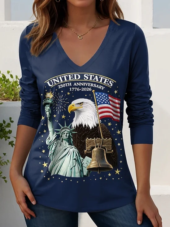 Casual 250 Years Anniversary Printing V Neck Long Sleeve T-shirt