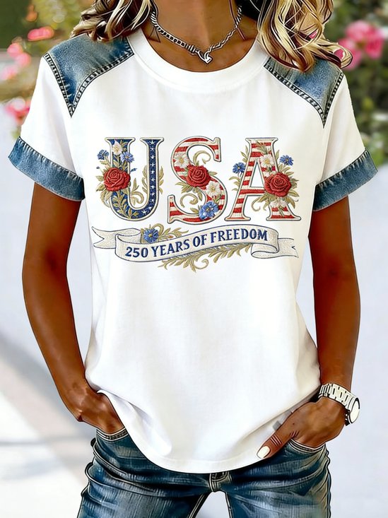 Casual 250 Years of Freedom Anniversary Print Color Block Crew Neck Short Sleeve T-shirt
