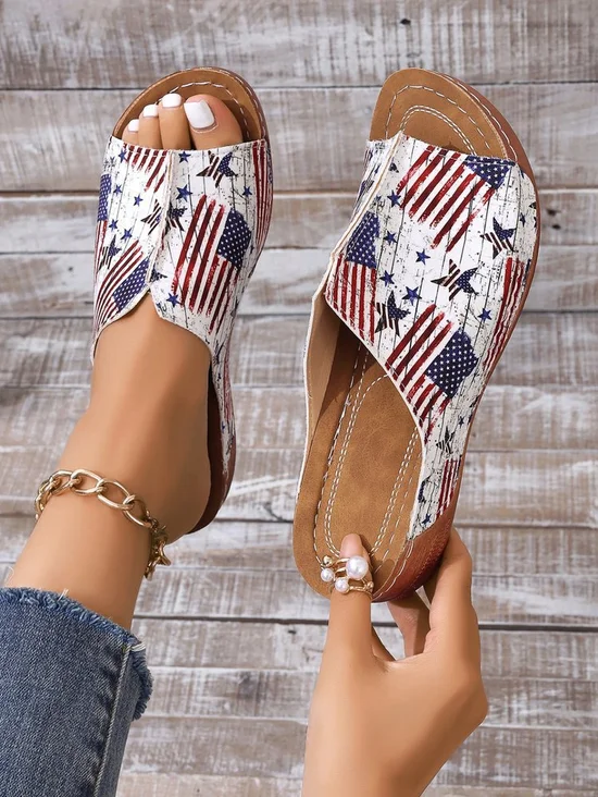 Vintage America Flag Slip On Block Heel Wedge Sandals