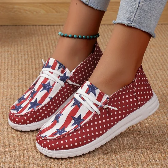 Casual America Flag Lace-Up Flat Heel Peas Shoes