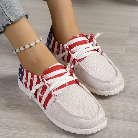 Casual America Flag Lace-Up Flat Heel Shallow Shoes